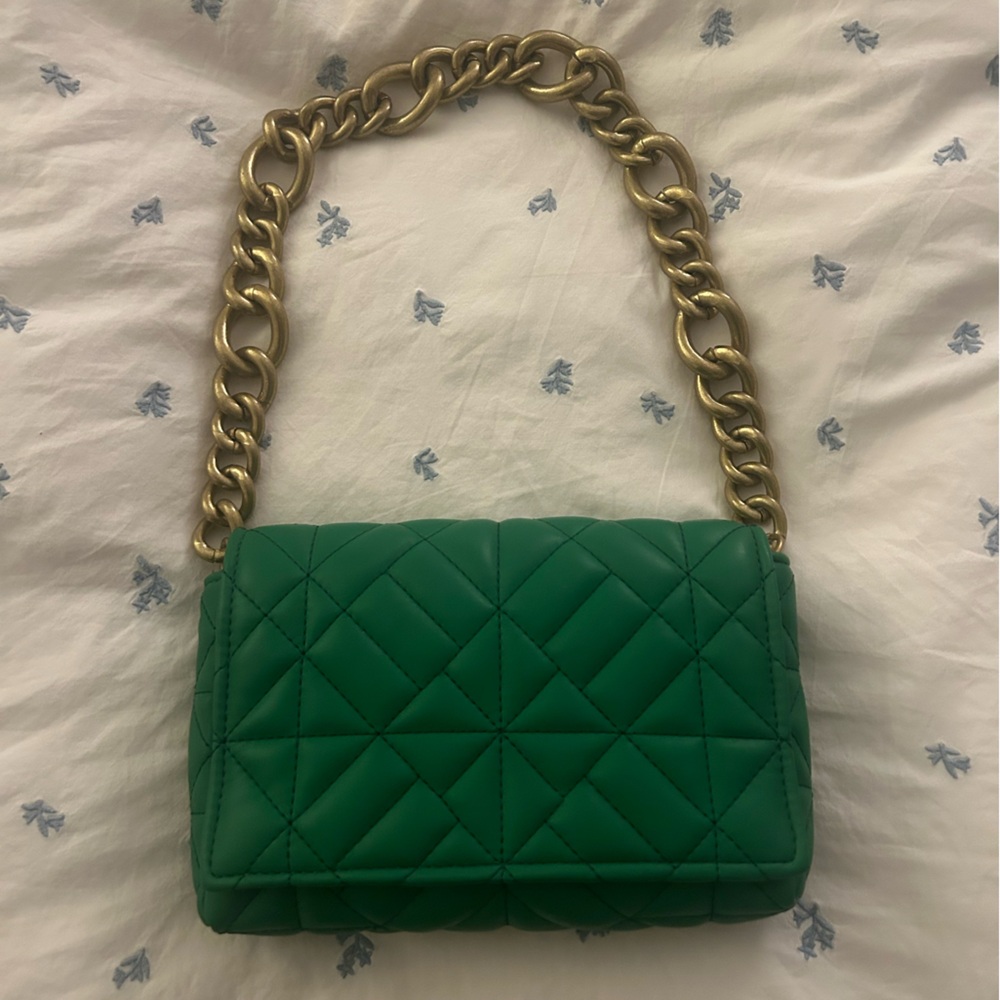 Zara Quilted Emerald Shoulder Bag with Gold Chain
